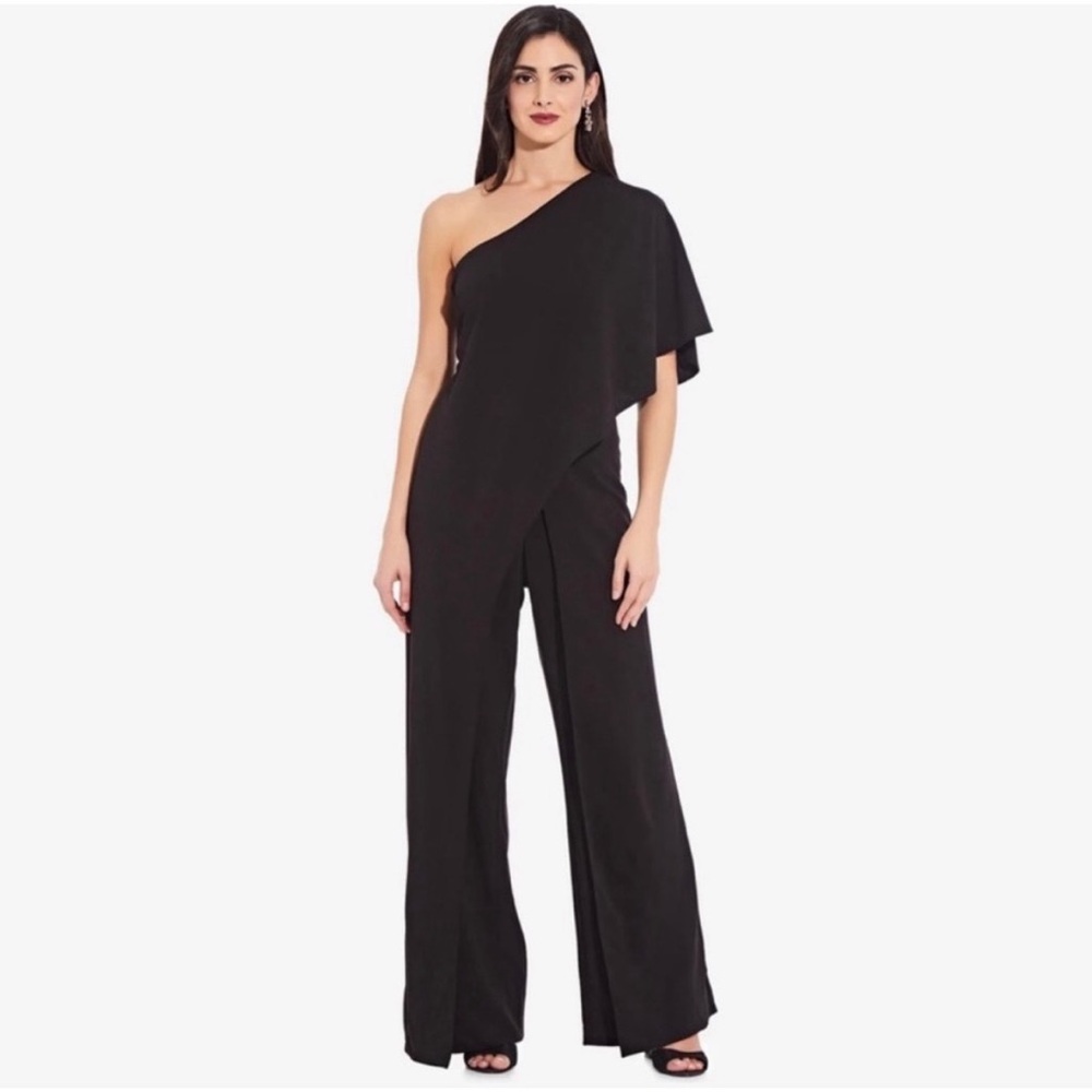 Adrianna Papell Black Draped One Shoulder Jumpsuit, size 12